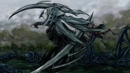 HD PC desktop wallpaper featuring Alicia from the anime Claymore, depicted in dark armor with an ethereal, battle-ready stance in a misty, ominous environment.