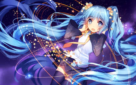 Anime-style wallpaper featuring Hatsune Miku with blue hair and blue eyes, wearing a shirt and skirt, adorned with headphones and stars against a cosmic background.