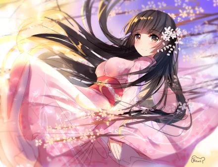 A girl in a yukata smiles softly, her long brown hair flowing in a sunbeam amidst cherry blossoms. This HD wallpaper captures a serene, anime-inspired moment from Warship Girls.