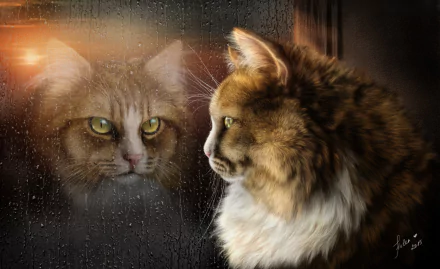 A detailed artistic painting of a cat with striking green eyes, reflected on a rain-covered window, captured in HD as a desktop wallpaper background.
