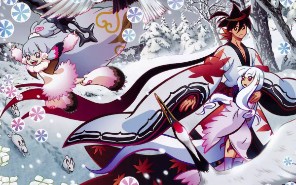 A vibrant HD wallpaper featuring Togame and Shichika Yasuri from the anime Katanagatari, set against a snowy backdrop with playful elements and intricate details.