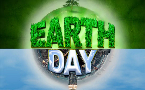 HD PC desktop wallpaper featuring a green, leafy EARTH and icy DAY text forming a small planet, celebrating Earth Day holiday.