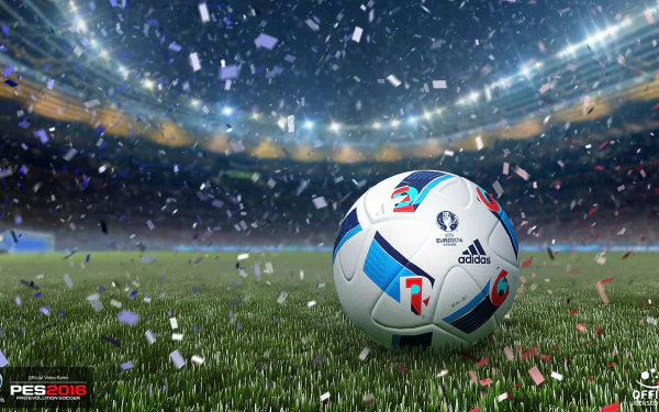 A vibrant HD desktop wallpaper featuring a UEFA Euro 2016 soccer ball on a grass field, surrounded by confetti and stadium lights, capturing the excitement of sports.