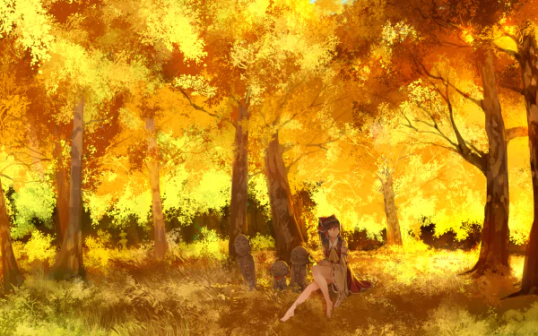 A stunning 4K Ultra HD wallpaper featuring Reimu Hakurei from the Touhou anime, set in a vibrant autumn forest filled with golden leaves. 