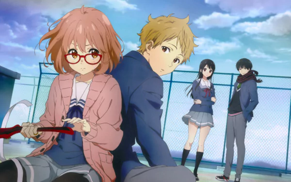 HD desktop wallpaper featuring characters Mirai Kuriyama, Akihito Kanbara, Mitsuki Nase, and Hiroomi Nase from the anime Kyoukai no Kanata (Beyond the Boundary). They are standing on a rooftop under a cloudy sky.