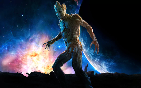 A captivating HD wallpaper featuring Groot from the movie Guardians of the Galaxy, set against a vibrant cosmic background with stars and planets.
