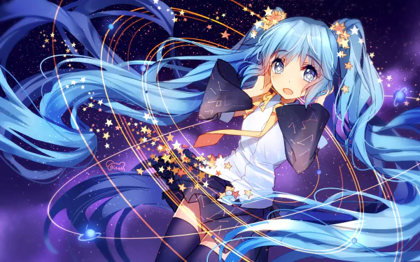 Anime-style wallpaper featuring Hatsune Miku with blue hair and blue eyes, wearing a shirt and skirt, adorned with headphones and stars against a cosmic background.