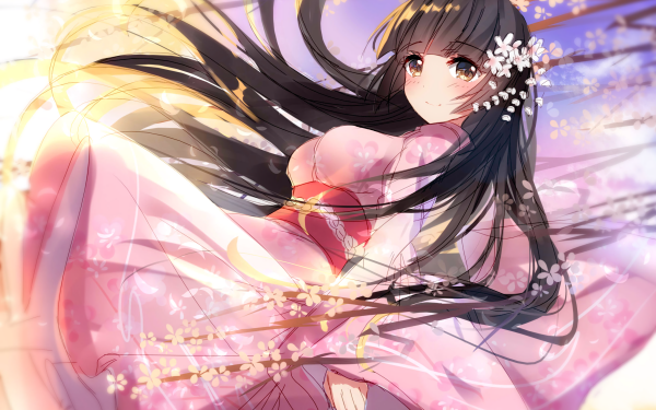Anime Warship Girls Long Hair Brown Hair Japanese Clothes Yukata Blush Smile Cherry Blossom Sunbeam Black Eyes HD Wallpaper | Background Image