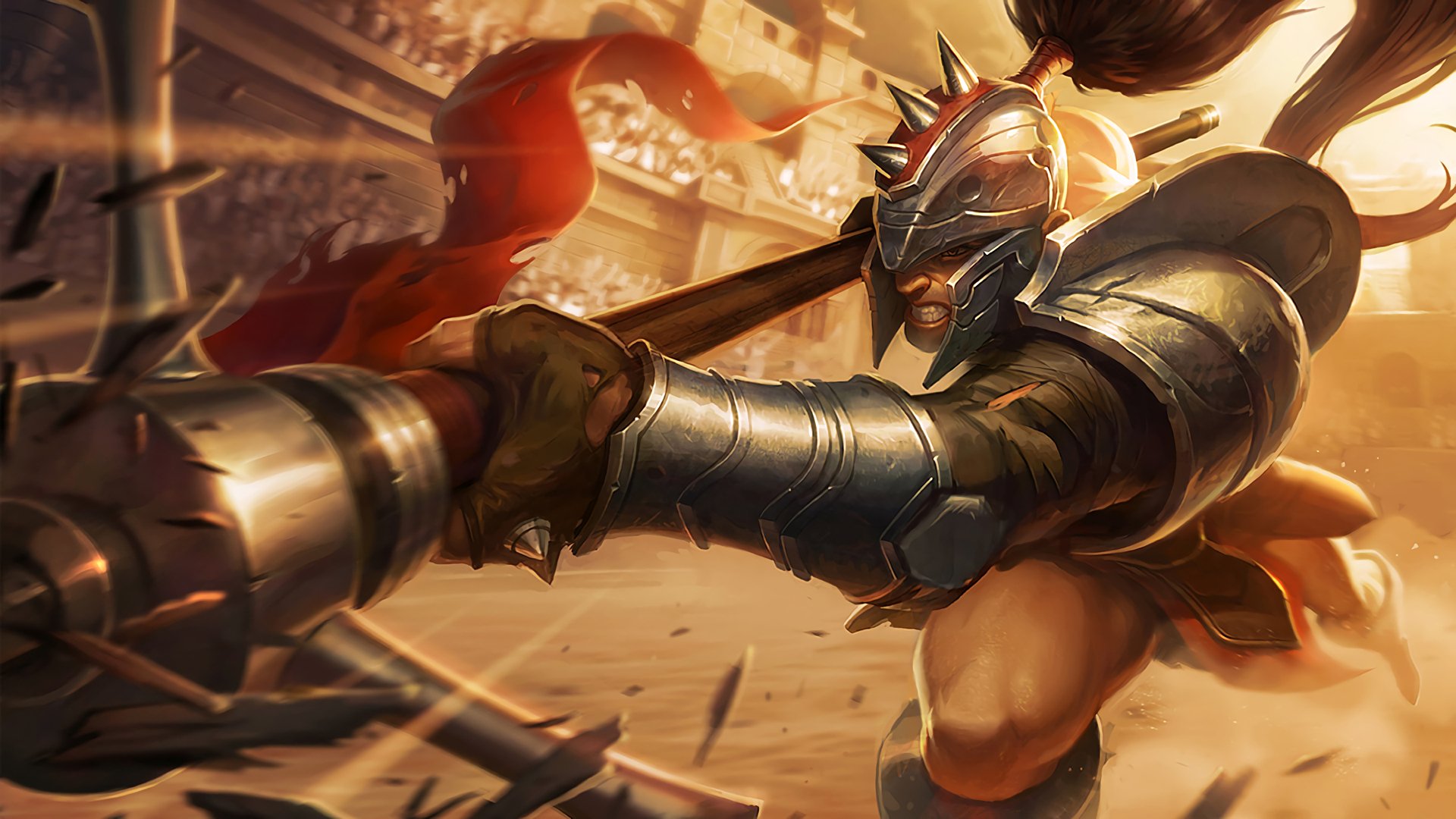 A dynamic HD wallpaper featuring Xin Zhao from League of Legends, showcasing him in battle with his spear, set in an arena with an energetic background atmosphere.