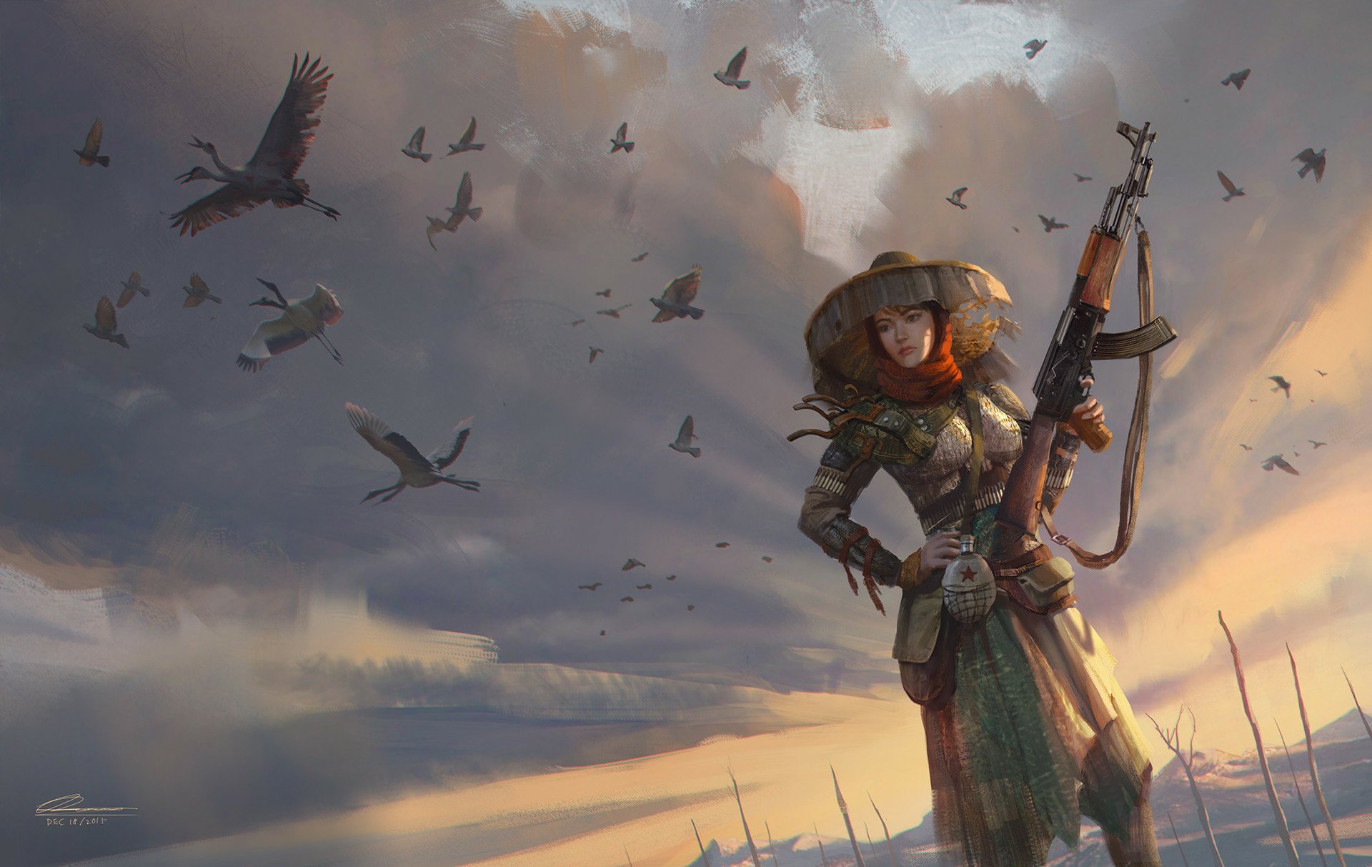 Fantasy Warrior with Assault Rifle Amid Soaring Birds – HD Wallpaper by  Rowena Wang, image size:1920x1213