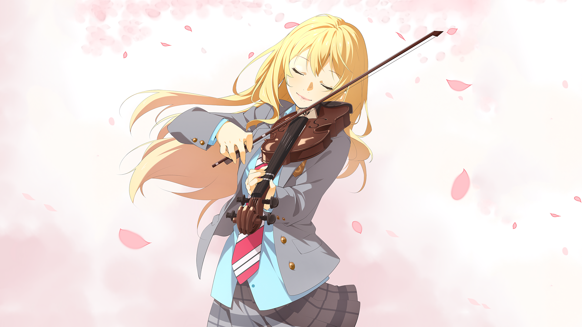 A breathtaking HD wallpaper featuring Kaori Miyazono from the anime Your Lie in April, joyfully playing the violin against a backdrop of soft pink petals.