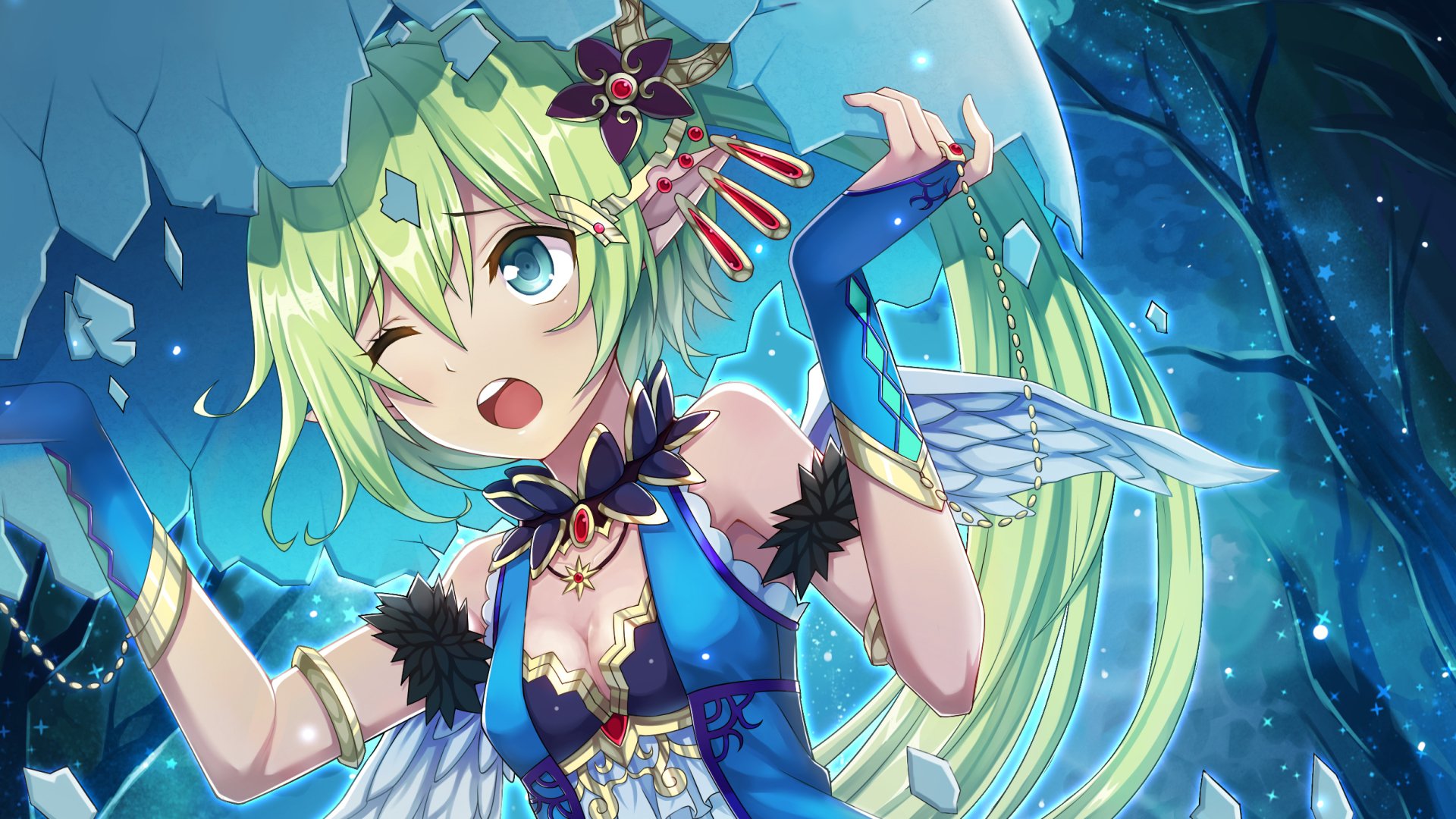 HD anime original artwork featuring a green-haired character with wings and intricate accessories, set against a glowing blue fantasy background for PC desktop wallpaper.