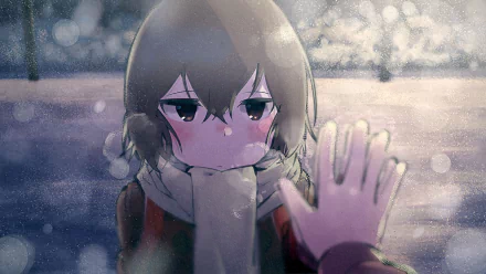 Kayo Hinazuki from the anime Erased reaches out with a tender expression against a snowy backdrop, in a captivating HD wallpaper that evokes deep emotion.