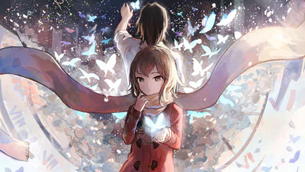 HD wallpaper from the anime Erased featuring Satoru Fujinuma and Kayo Hinazuki, with a dreamy background of floating butterflies and a large clock.