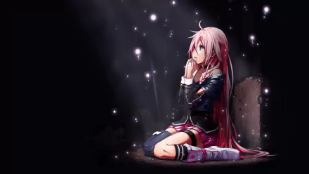 HD PC desktop wallpaper featuring IA from Vocaloid, depicted in an anime style sitting thoughtfully against a dark, starry background.