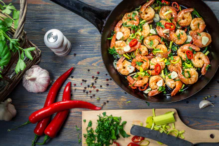 A vibrant 4K Ultra HD wallpaper featuring a skillet of cooked shrimp with sliced peppers and herbs, surrounded by fresh garlic, chili peppers, and chopped greens on a wooden surface.