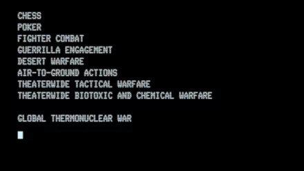 HD PC desktop wallpaper featuring a classic black screen with white text menu from the movie Wargames, listing various types of simulated warfare scenarios.