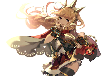 Cagliostro from Granblue Fantasy features blonde hair, purple eyes, and thigh highs, dressed in a stylish outfit with a headband. This HD wallpaper captures her vibrant anime charm.