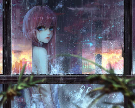 A girl with pink hair and blue eyes gazes through a rain-covered window at a sunset, surrounded by city silhouettes, capturing a serene and emotional moment in this original anime art.