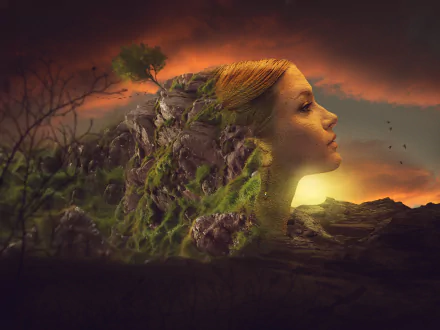A surreal fantasy HD desktop wallpaper blending a woman's face and head with natural rock and vegetation formations under a dramatic sunset sky.
