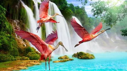  Roseate Spoonbills by the Waterfall