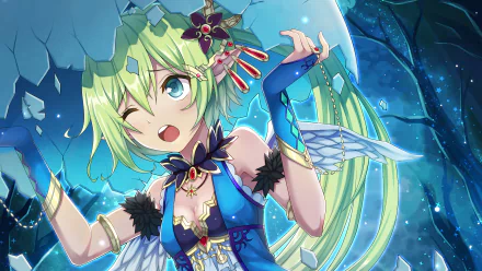 HD anime original artwork featuring a green-haired character with wings and intricate accessories, set against a glowing blue fantasy background for PC desktop wallpaper.