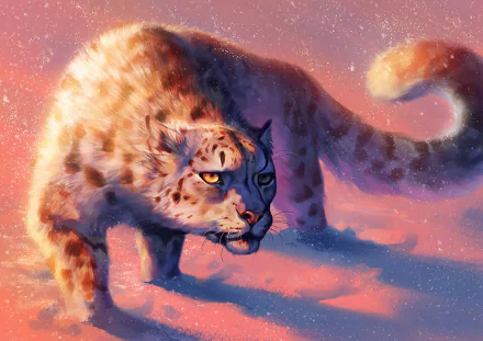A majestic fantasy snow leopard creature with glowing eyes moves through a colorful snowy landscape, rendered in HD for a striking PC desktop wallpaper.