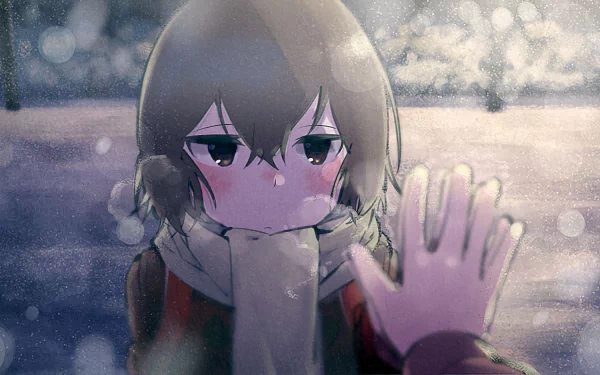 Kayo Hinazuki from the anime Erased reaches out with a tender expression against a snowy backdrop, in a captivating HD wallpaper that evokes deep emotion.