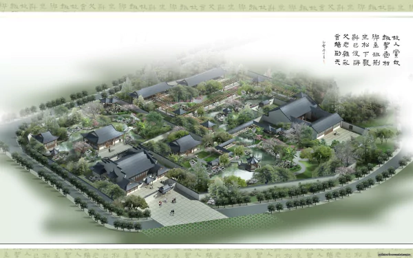 HD PC desktop wallpaper/background: artistic aerial rendering of a Chinese city garden complex with traditional pavilions, courtyards and tree-lined streets.
