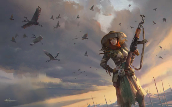 A fantasy woman warrior holding an assault rifle stands amid a flock of birds under a dramatic cloudy sky, rendered as a high-definition PC desktop wallpaper.