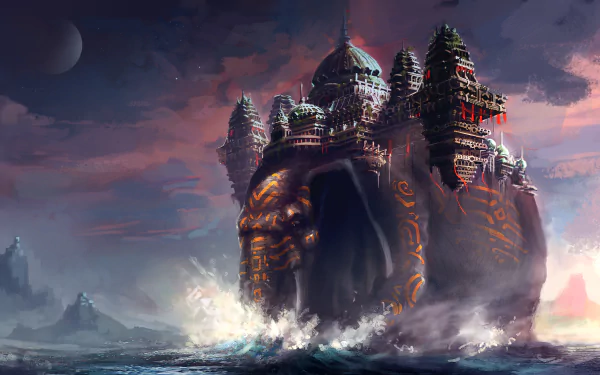 A stunning HD wallpaper depicting a giant elephant transformed into a fantasy city, emerging from the ocean with intricate architecture and a dramatic sky in the background.