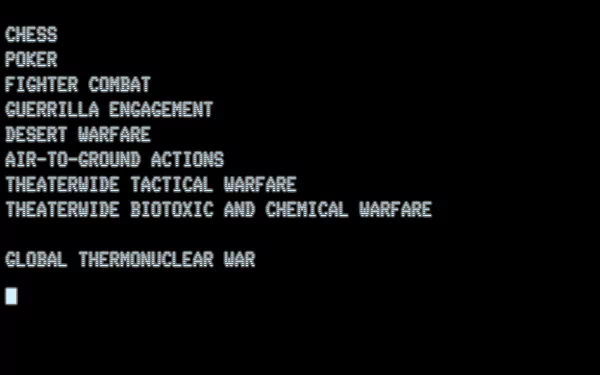 HD PC desktop wallpaper featuring a classic black screen with white text menu from the movie Wargames, listing various types of simulated warfare scenarios.