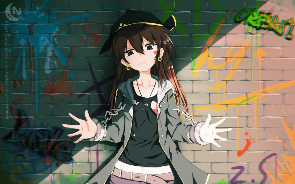 Anime-inspired HD desktop wallpaper featuring a girl against a graffiti-covered wall, embodying the vibrant spirit of Pixiv Fantasia T.