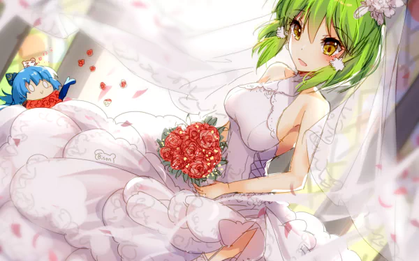 Anime-style bride with green short hair and yellow eyes, wearing a wedding dress and thigh highs, holding a bouquet of red flowers with a smiling chibi character nearby.