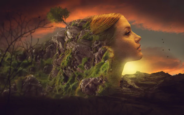A surreal fantasy HD desktop wallpaper blending a woman's face and head with natural rock and vegetation formations under a dramatic sunset sky.