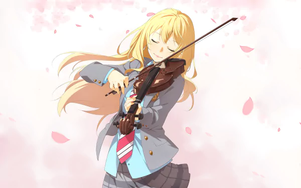 A breathtaking HD wallpaper featuring Kaori Miyazono from the anime Your Lie in April, joyfully playing the violin against a backdrop of soft pink petals.