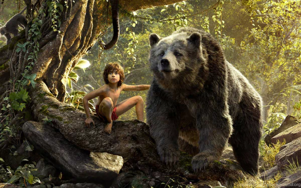 Mowgli and Baloo the bear from Disney's The Jungle Book (2016) are portrayed in a vibrant jungle setting, capturing the adventurous spirit of the film.