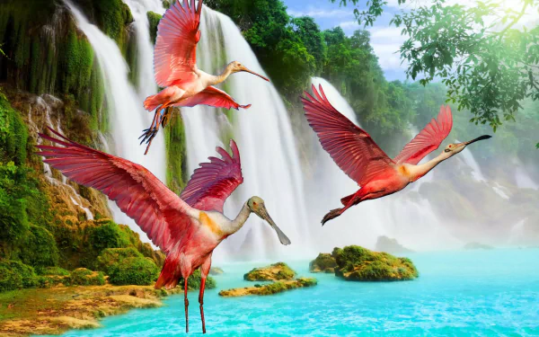  Roseate Spoonbills by the Waterfall