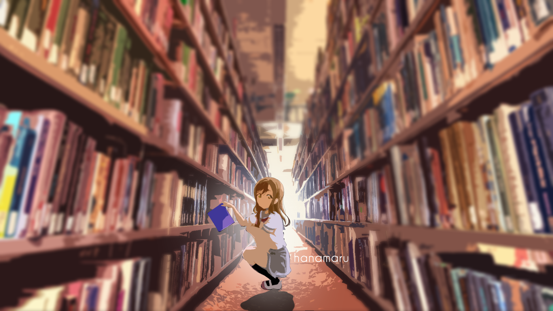 HD PC desktop wallpaper of Hanamaru Kunikida from Love Live! Sunshine!!, featuring the anime character in a library setting with warm lighting.