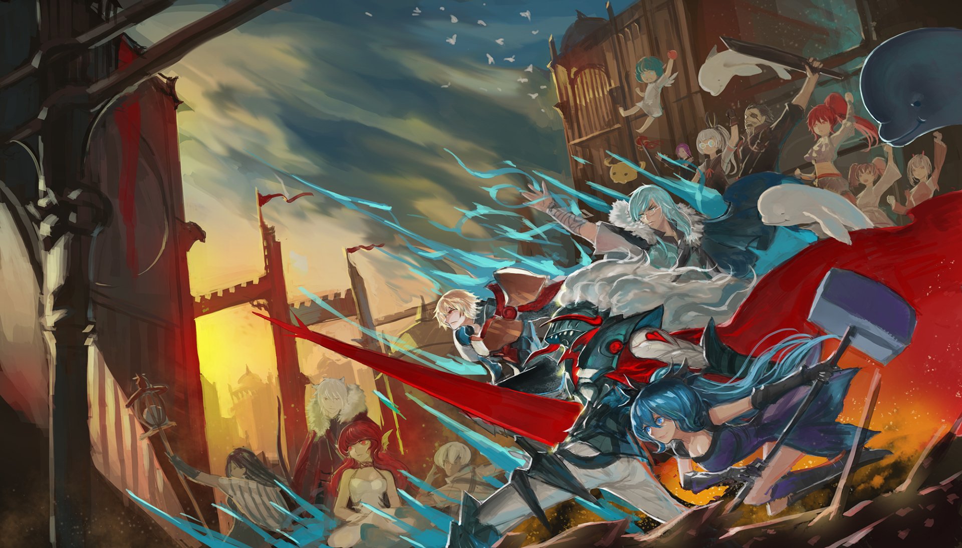 HD anime desktop wallpaper from Pixiv Fantasia depicting dynamic characters in a fantasy battle scene with vibrant colors and dramatic lighting.