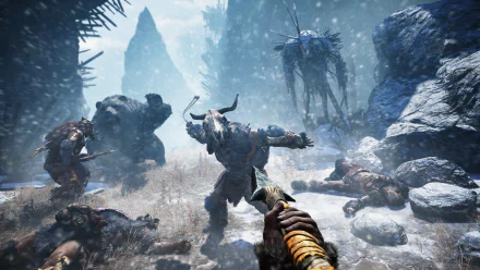 HD PC desktop wallpaper of the video game Far Cry Primal: first-person view of a spear-wielding hunter confronting a horned tribal enemy in a snowy prehistoric battle.