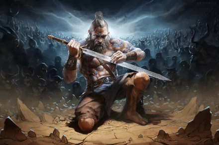 A powerful Barbarian from Diablo III kneels in a desolate landscape, wielding a sword, surrounded by a dark, ominous crowd, showcasing a dramatic moment from the game.