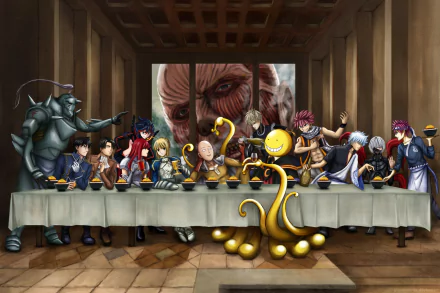 Anime crossover featuring characters from various series gathered around a table, inspired by The Last Supper. A colossal Titan face looms in the background. HD desktop wallpaper and background.