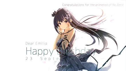 HD desktop wallpaper featuring Emilia from Re:Zero - Starting Life in Another World. The image shows Emilia in a dark dress with flowing hair, accompanied by the text Happy Birthday 23 September 2011.