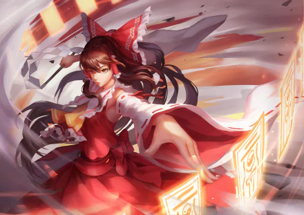 A dynamic anime scene featuring Reimu Hakurei in a striking red dress, wielding magic with brown hair flowing, set against a vivid backdrop from the Touhou universe.