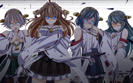 Four characters from Kantai Collection (Kancolle) stand confidently together, showcasing their unique anime styles in this HD desktop wallpaper.