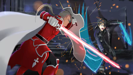Kazuto Kirigaya, from the anime Sword Art Online, battles fiercely with a glowing sword against an opponent in this dynamic HD desktop wallpaper. Action and intensity collide beautifully.