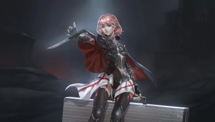 Anime-style original character with pink hair and dark armor, poised with a knife in hand, set against a moody, dimly lit background for 4K Ultra HD PC wallpaper.