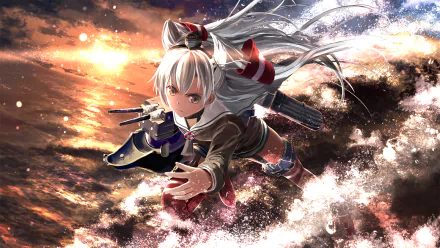 Amatsukaze from Kantai Collection emerges powerfully amidst crashing waves and a dramatic sunset, showcased in this stunning HD anime wallpaper.