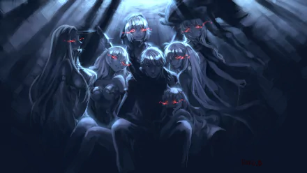 Dark, eerie HD anime wallpaper featuring Northern Ocean Hime, Airfield Hime, Standard Carrier Wo-Class, Chi-Class, and Battleship Re-Class from Kantai Collection with glowing red eyes.